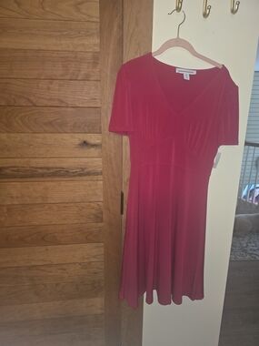 Amazon Essentials Red V-Neck Midi Fit-and-Flare Dress